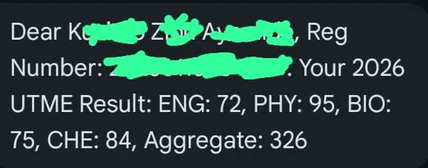 Real 2026 JAMB UTME result — Aggregate 326